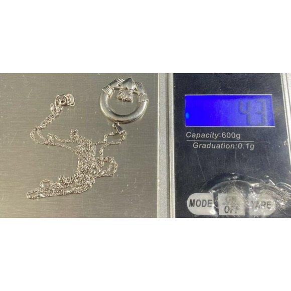 14k Ireland Claddagh Heart Hands Pendant White Gold Chain Link Necklace 17.5in - Picture 7 of 8